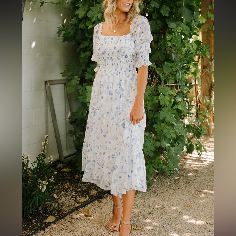 Baltic Born White Midi Dress with Blue Floral Print